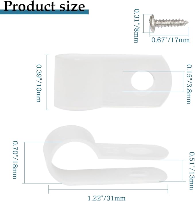 50 Pcs 5/8 Inch White Nylon Cable Clip Wire Clamp | R-type, 16mm, Stainless Steel Screws Included, Screw Mounting, Wire Management