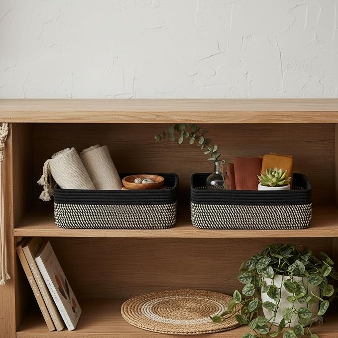 Shallow Basket, 15"x11"x5.1", Baskets for Organizing 2 Pack | Black Baskets for Organizing, Woven Storage Baskets for Shelves, Living Room, Nursery, Bathroom, Storage Basket Organizer