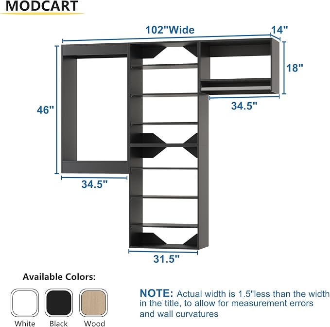 Modular Closet Organizer, 102" Wide with Towers and Hanging, Wooden Tower Storage for Walk-In Closets, Wall-Mounted Wardrobe Organizer Kit System, Black
