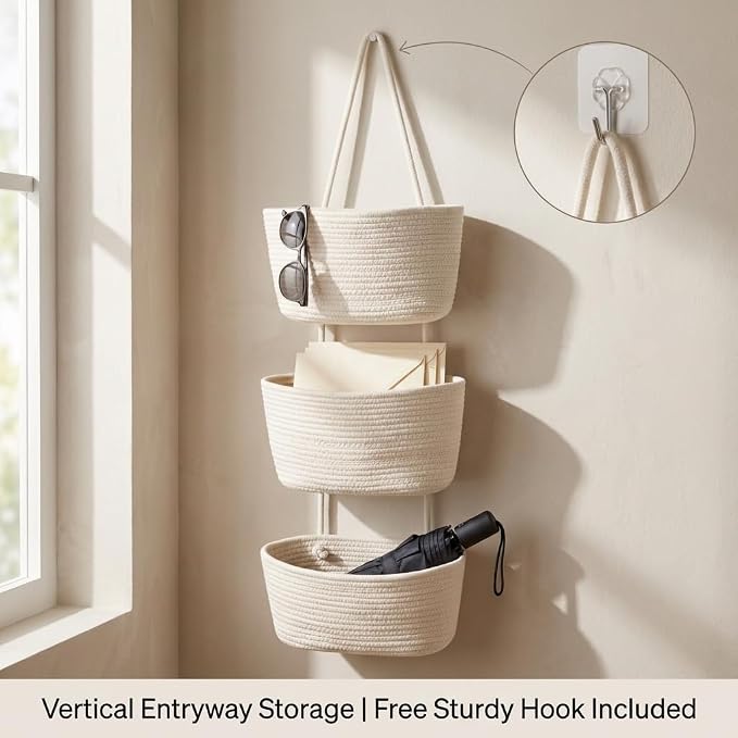 Over the Door Basket Organizer, 3 Tier Hanging Basket with Hooks | Woven Cotton Hanging Over Door Basket for Bedroom, Nursery, Bathroom, Apartment, White Hanging Storage Basket for Organizing