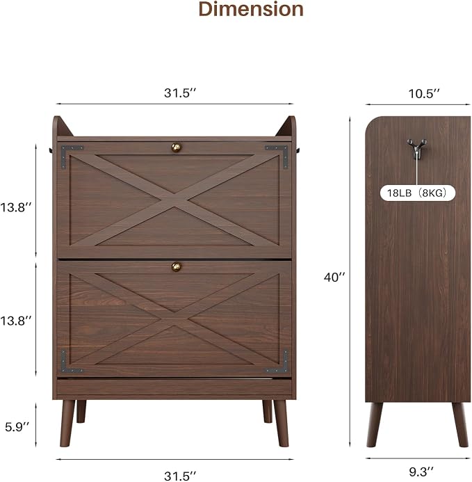 Shoe Storage Cabinet with 2 Flip Drawers, Entryway Shoe Cabinet with 2 Metal Hooks & Adjustable Shelves Freestanding Shoe Organizer Narrow Shoe Rack for Entrance Hallway Foyer Front Door,Rustic Brown