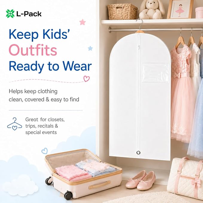 Kids Garment Bag with Clear Window, Hanging Clothes Storage Cover for Dresses, Suits & Dance Costumes, Breathable Travel Bag for Baby Toddler Child, 30" x 18", White, Pack of 1