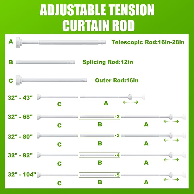 Ausemku Shower Curtain Rod - 32-43 Inch Rustproof Tension Rod, Non-Slip Spring Design, No Drilling Adjustable Curtain Rod for Bathroom, Kitchen, and Closet（White）