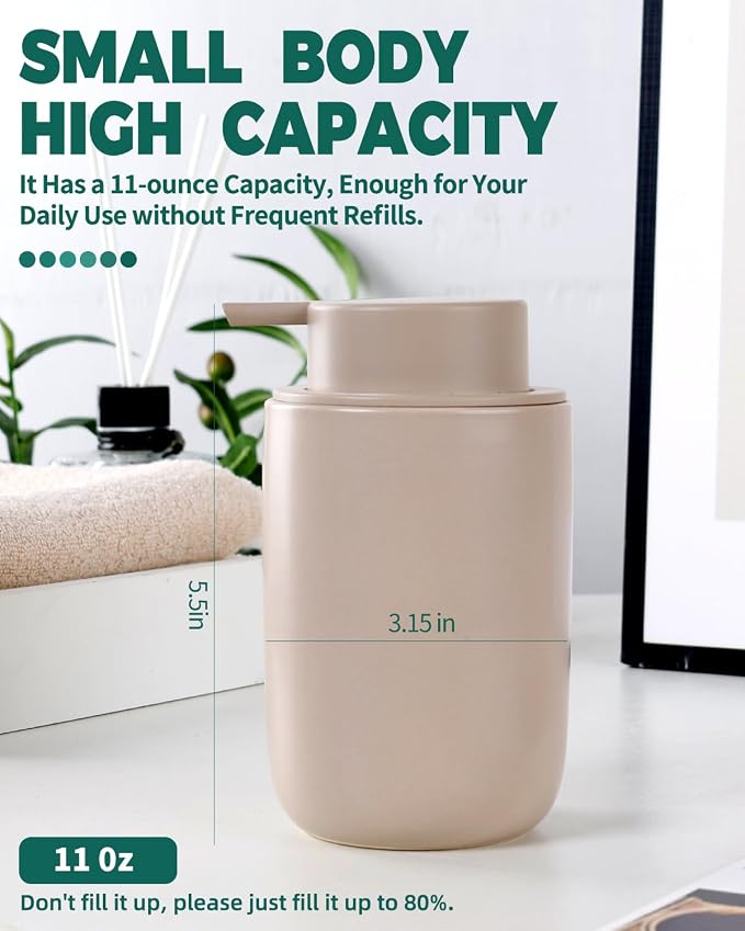 BosilunLife Lotion Pump Dispenser for Kitchen, Bathroom Countertop | Matte Khaki Soap Dispenser Bathroom Ceramic Dish Liquid Soap Dispenser (Khaki, Liquid Pump)