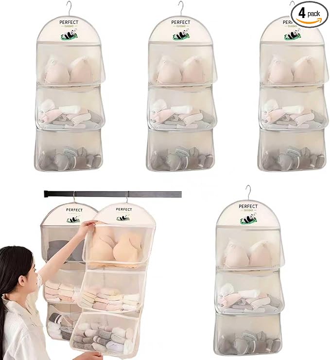 MIUPOO Multi Purpose Multi Layer Mesh Storage Hanging Bag,Hanging Storage with Metal Hanger Mesh Pockets for Bra Underwear Socks,Pockets Hang Store Bag for Door Wall Closet,4Pieces.
