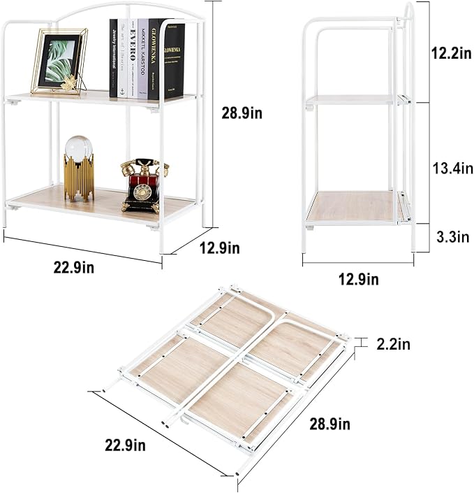Crofy 2-Tier Foldable Bookshelf, White Frame & White Oak Shelves | No-Assembly Collapsible Portable Storage Organizer; Sturdy White Oak Finish Shelves; Ideal for Living Room & Home Office