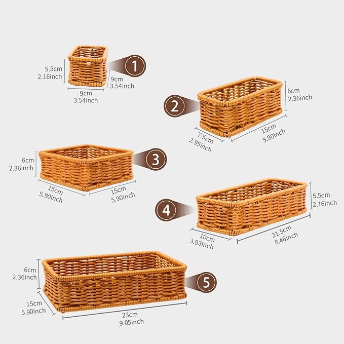 Drawer Organizers- Plastic Rattan Storage Trays for Bedroom, Bathroom, Kitchen, Office, Handwoven organizer, Waterproof and Easy Clean, 1 Set, Caramel Color