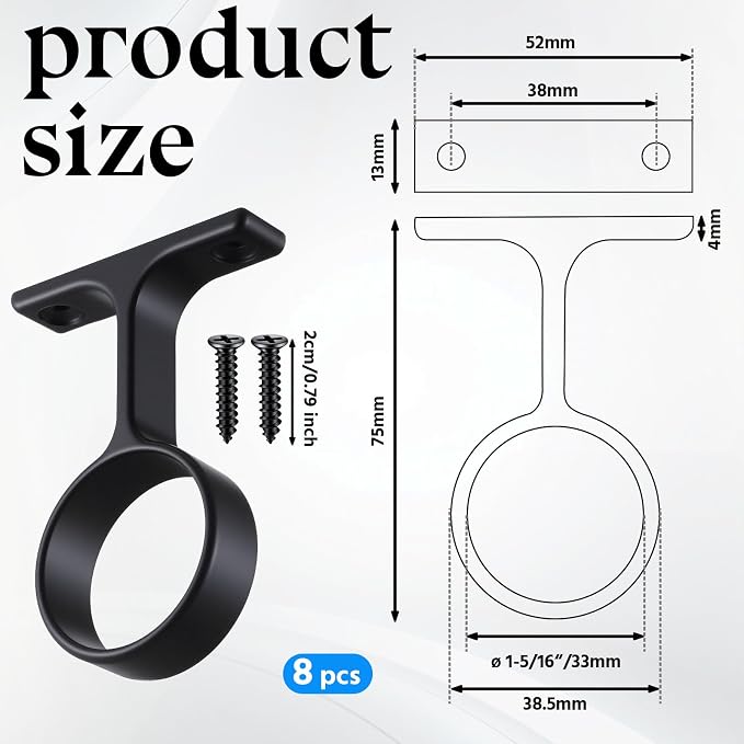 LEIFIDE 8 Pcs 1 5/16 Inch Diameter Round Wardrobe Closet Rod Suspended Center Support with Installation Screws Curtain Closet Rod Ceiling Mount Bracket for Home Wardrobe (Black)