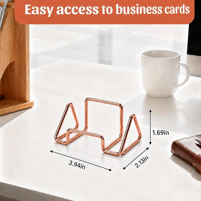 Business Card Holder,Minimalist Geometric Metal Card Display Stand,Vertical Desktop Name Card Organizer,Small Phone Stand & Photo Holder for Office,Wedding,Reception,Exhibition(Brushed Rose gold)