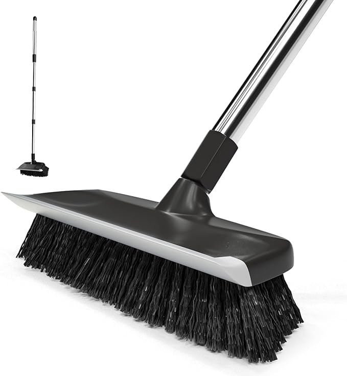 ITTAR Floor Scrub Brush with 55" Long Handle, 10" Wide Stiff Bristles Deck Brush, Stainsless Steel Pole Heavy-Duty Cleaning Brush, 2-in-1 Scrubber with Ruber Squeegee for Deck, Patio, Pool, Tile, Wall