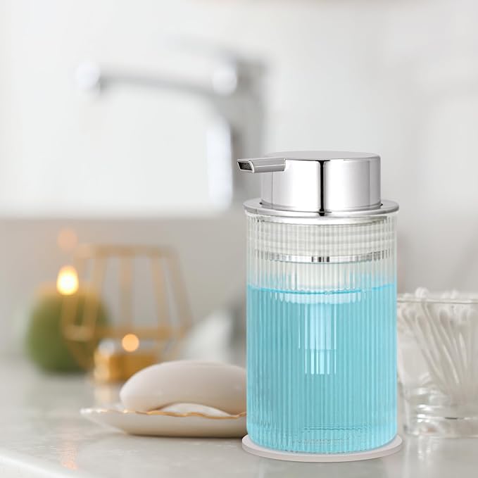 NiHome Foaming Hand Soap Dispenser 14oz Ribbed Glass, Non-Slip Bath Kitchen | Vertical-Ribbed Glass Bottle with Foam Pump and Stable Non-Slip Mat for Bathrooms and Kitchens