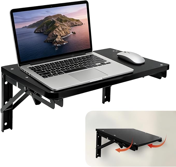 Folding Shelf Wall Mounted, 16.5inches Floating Desk for Small Space | Wooden Fold Down Projector Shelf, 2pcs Heavy-Duty Brackets Holds Up to 55lbs for Bedside, Living Room, Home Office, Kitchen