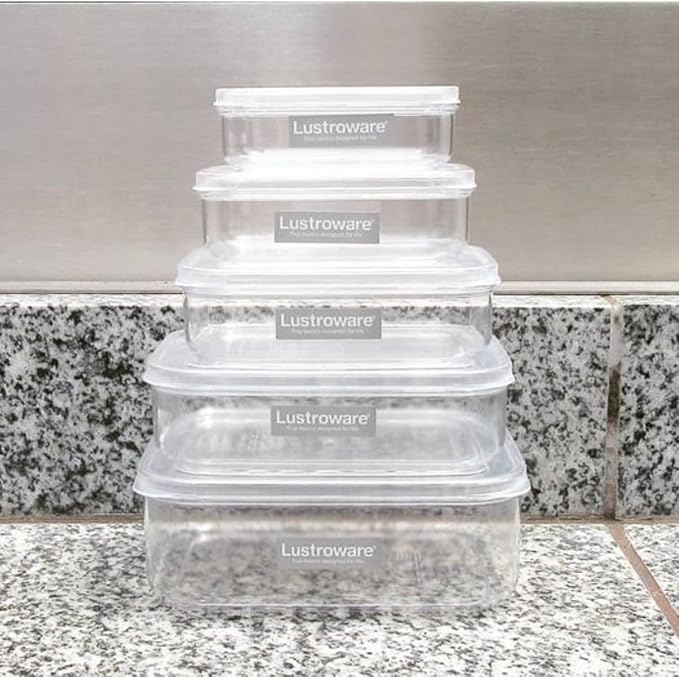 Lustroware (Set of 5) Micro Clear Food Storage Containers with Lids – BPA-Free, Airtight, Stackable, Tritan Plastic, Microwave & Dishwasher Safe, Pantry Organizer – Made in Japan