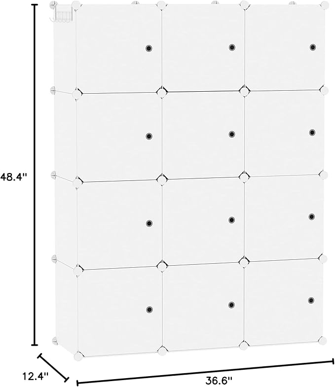 C&AHOME Cube Storage Organizer with Doors, 12-Cube Shelves, Closet Cabinet, DIY Plastic Modular Bookshelf Ideal for Bedroom, Living Room, 36.6”L x 12.4”W x 48.4”H Milky USHS3012M-DOOR