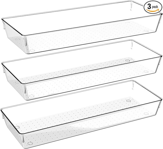 Kutesna 3 Pcs Large Clear Drawer Organizer Set, 15" X 6" Desk Drawer Organizers Trays with Non-Slip Silicone Pads, Storage Bins for Makeup, Office, Kitchen Gadgets Utensils, Bedroom, Tools, Bathroom