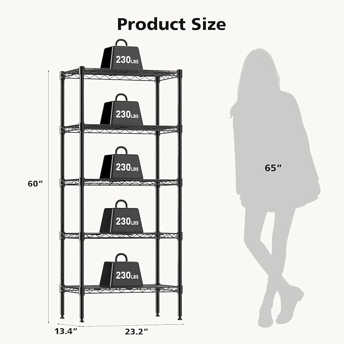 HealSmart 5-Tier Metal Wire Storage Shelves, Adjustable Standing Storage Rack Shelf, Heavy Duty Steel Shelving Unit Organizers for Kitchen Bathroom Pantry Garage, 23.3" W×13.4" D×60" H, Black