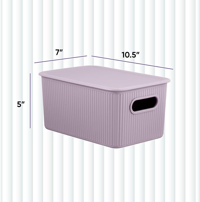 Decorative Plastic Basket Lidded Home Storage Bins Organizer, Medium Lilac Purple (1 Pack - 5 Liter) Stackable Container Box, for Organizing Closet Storage Bins for Shelves - Ribbed Collection