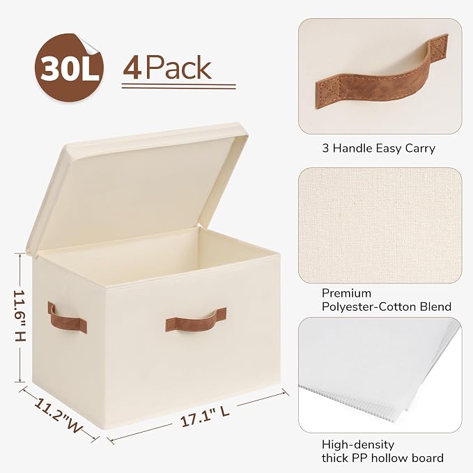 CHICVITA 4-Pack Closet Storage Bins with Lids, Fabric Storage Baskets for Shelves, Decorative Storage Boxes with Handles for Clothes Toy, Ivory