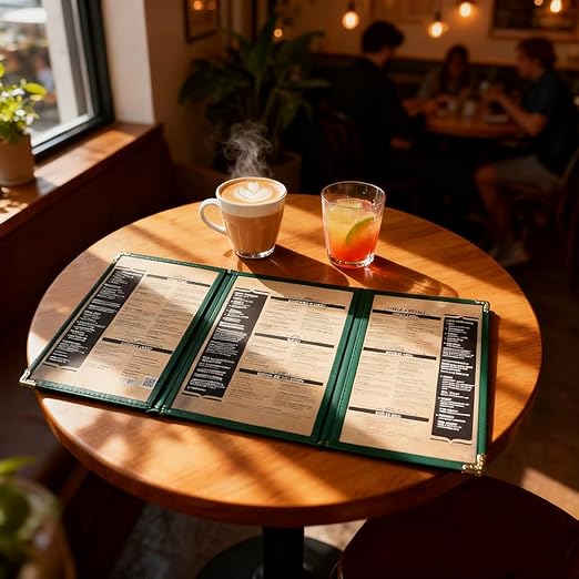 Goodsmart Restaurant Menu Covers – 25 Pack Green 6-View Trifold 5.5" x 8.5", Side-Loading Vinyl & Plastic Menu Holders, Clear Menu Sleeves, Leather-Style Café Covers with Gold Corners