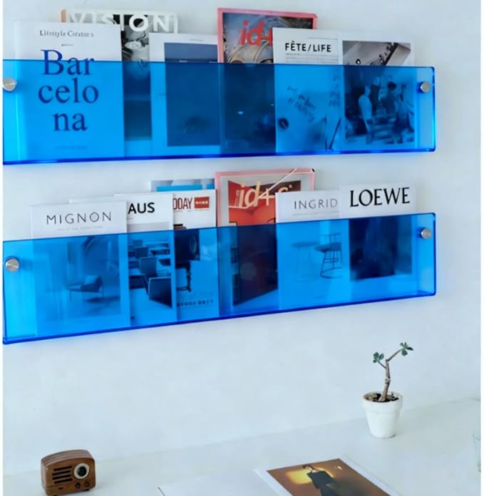 ROYALITA 2-Pack Acrylic Magazine Holder Brochure Holder, Blue 36 Inch | Record Magazine Rack, Fashion Floating Bookshelf, Literature Storage Rack for Waiting Room, Living Room, Office