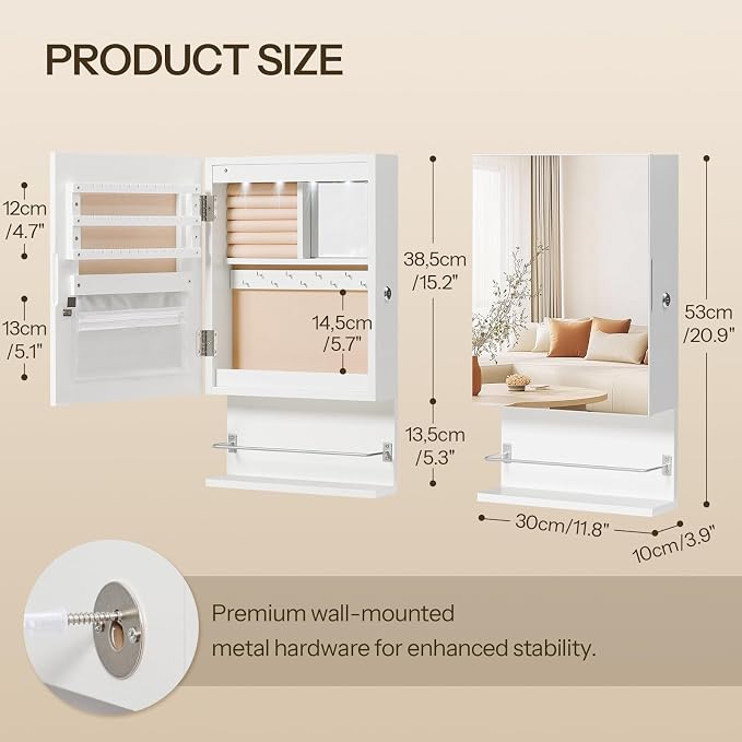 HOOBRO Wall Mounted Jewelry Cabinet, LED Jewelry Armoire with Interior Mirror, Hanging Jewelry Organizer for Wall, Lockable Jewelry Storage Cabinet, 3.9 x 11.8 x 20.9 Inches, White