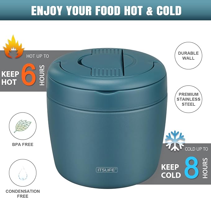Itslife 32oz Insulated Soup Thermo, Vacuum Stainless Steel Food Jar for Hot & Cold Food, Leakproof Wide Mouth Lunch Container with Spoon (Teal)