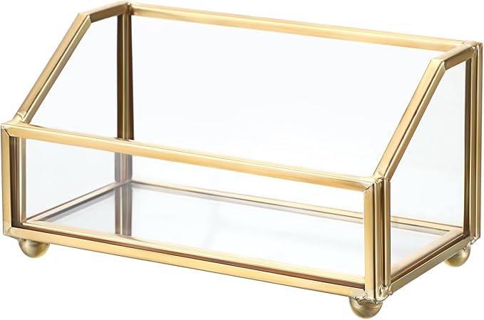 Hipiwe Glass Business Card Holder Stand, Gold Metal Frame Name Card Display Organizer, Office Desktop Countertop Business Cards Storage Holder, Fits 80-100 Business Cards