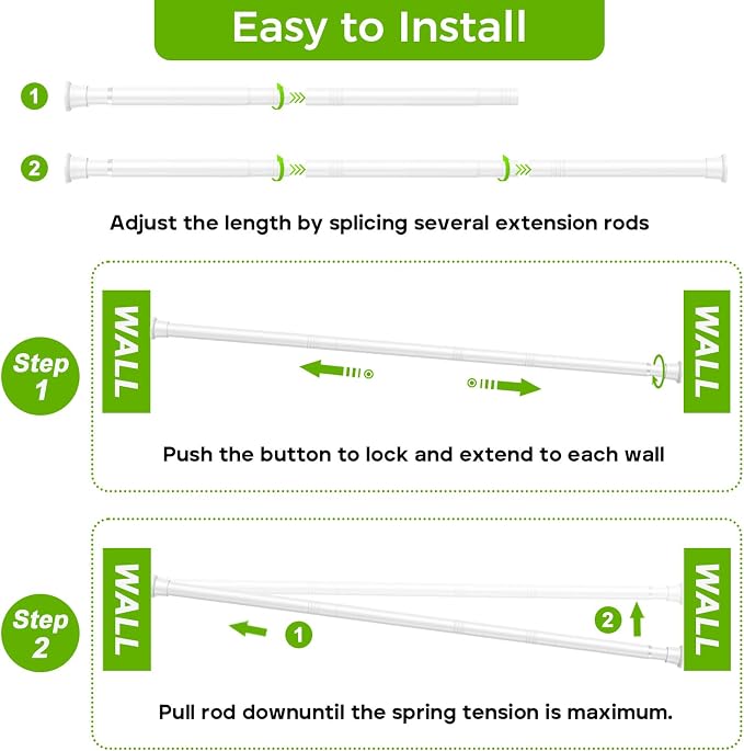 White Shower Curtain Rod 32 to 62 Inches Adjustable, 7/8 Inch Diameter Heavy Duty Tension Curtain Rods No Drill, Rust-Resistant Tension Rod for Bathroom, 1 Pack