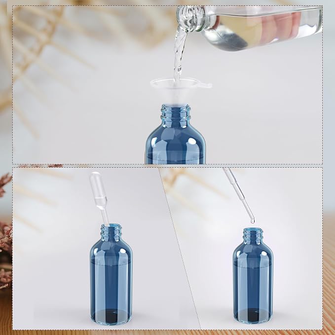 Wedama 4 oz Mini Glass Spray Bottles, Empty Small Spray Bottles with Funnel Dropper, Fine Mist for Hair, Travel, Plants, Cleaning Solutions and Skin Care (4 Pack Indigo Blue)