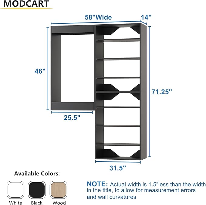 Modular Closet System, 58" Wide Closet Organizer System with Towers and Hanging, Wood Closet Tower Storage for Walk In Closets, Wall Mounted Wardrobe Organizer Kit System, Bedroom, Black