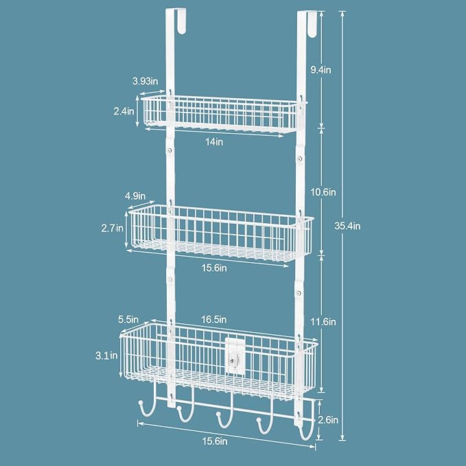 OYEAL 3-Tier Over the Door Hooks Organizer Metal Door Back Baskets | Heavy Duty Hanging Door Storage Organizer with 3 Baskets, 5 Hooks for Kitchen, Bathroom, Office, White