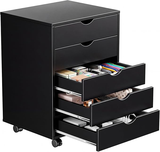 Mobile File Cabinet Under Desk, 5 Drawer Storage Organization with Wheels, Vertical Filing Chest Rolling Wood Small Desk Printer Stand for Home Office, 15.75" D x 18.74" W x 25.39" H