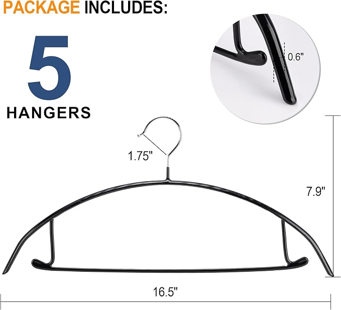 Sweater Hangers No Shoulder Bump, Non-Slip Rubber & Rust-Free Metal | Heavy Duty and Ergonomic Curved for Closet Clothes like Suits Coats Pants Dresses or Shirts, Set of 5, Black Coated