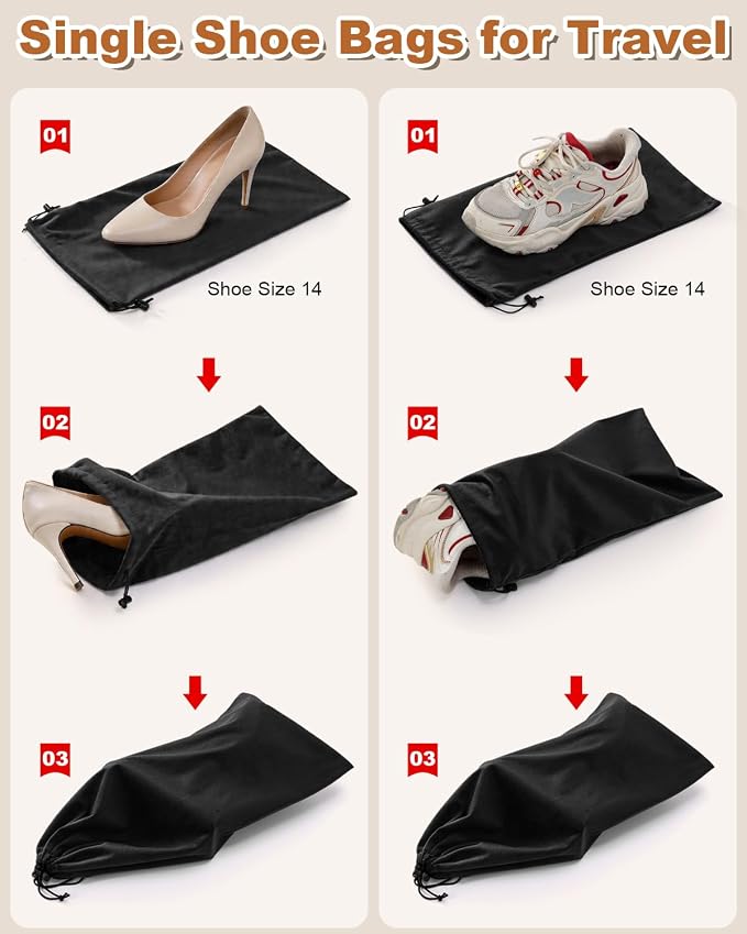 4 Pcs Single Shoe Bags for Travel, Velvet Bag, Black Beauty, 17.3x8.6 Inch | Washable & Reusable Travel Shoe Bags, Dustproof Shoe Bags with Drawstring Closure, Suitable for Travel, Home Storage