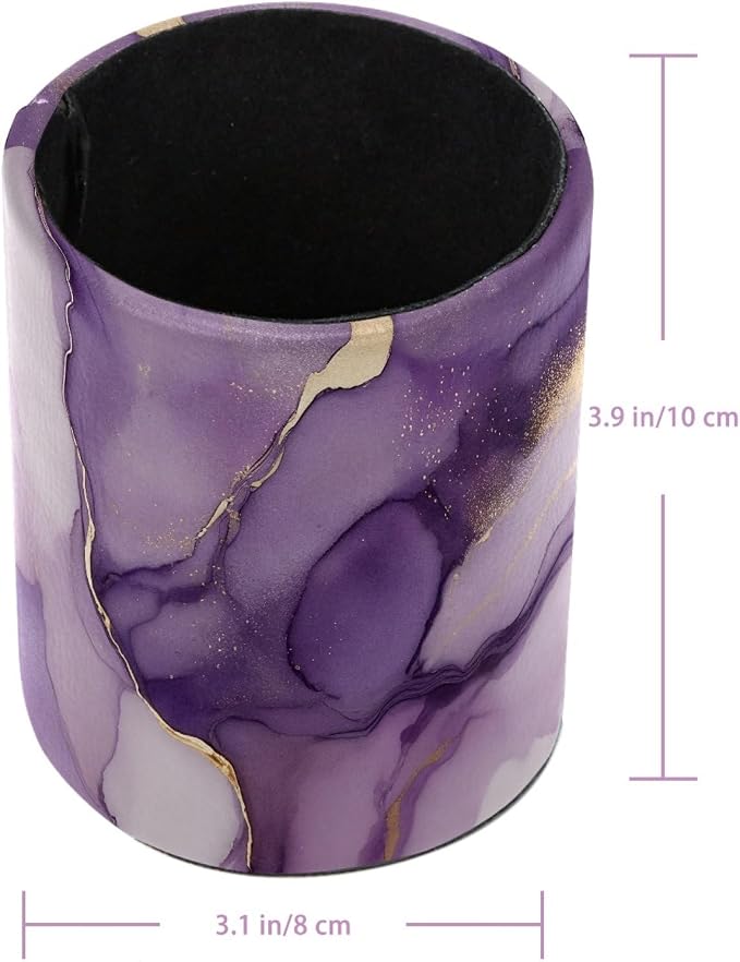 Faux Leather Pen Holder for Desk, Pencil Organizer Purple Marble Pen Cup Desk Decor Makeup Brush Holder Storage for Office Home