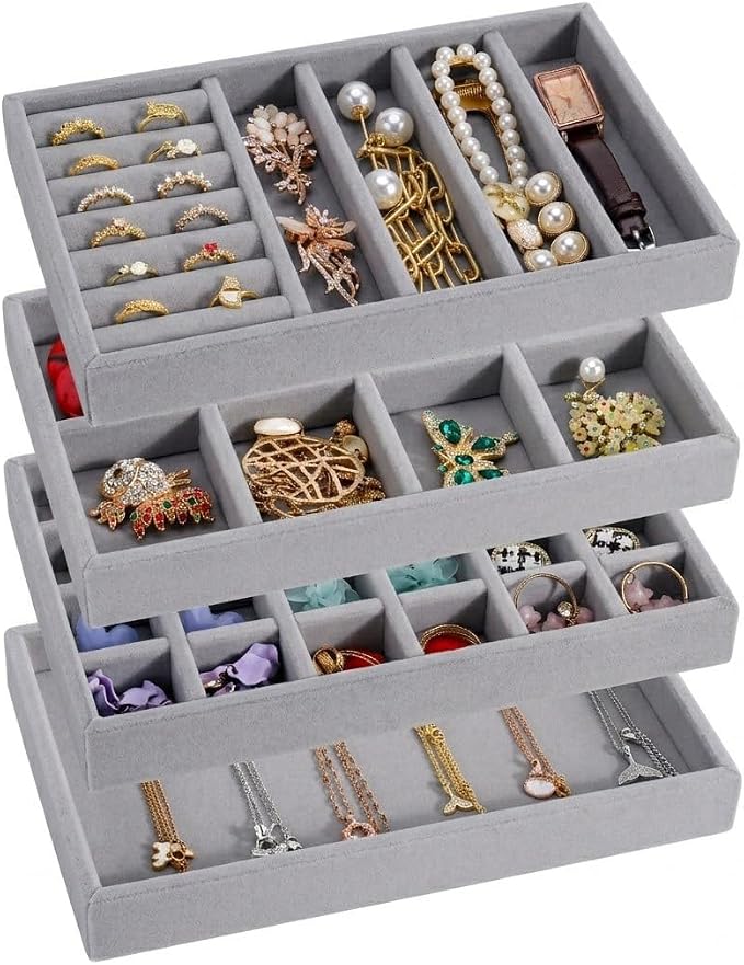 Velvet Jewelry Drawer Organizer – Four-Piece Stackable Jewelry Tray Set for Earrings, Rings, Necklaces, Bracelets, and Watches. Customizable jewelry dividers. Suitable for Dressing Tables or Vanities