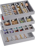 Velvet Jewelry Drawer Organizer – Four-Piece Stackable Jewelry Tray Set for Earrings, Rings, Necklaces, Bracelets, and Watches. Customizable jewelry dividers. Suitable for Dressing Tables or Vanities