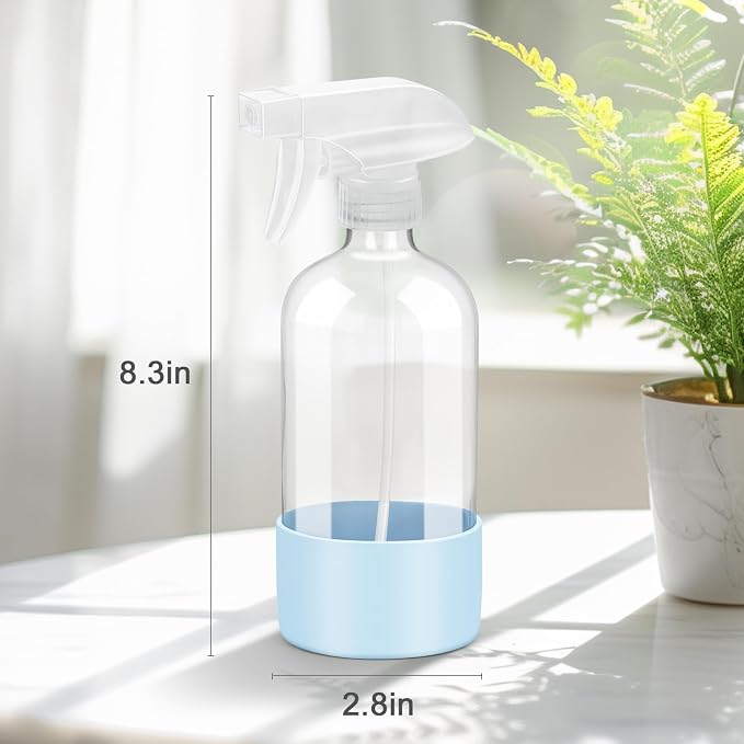 Worldgsb 2 Pack Glass Spray Bottles with Silicone Sleeve, 16 oz Empty Refillable Containers with Adjustable Spray Nozzles, Spray Bottles for Hair, Cleaning Solutions and Plants Blue&Pink