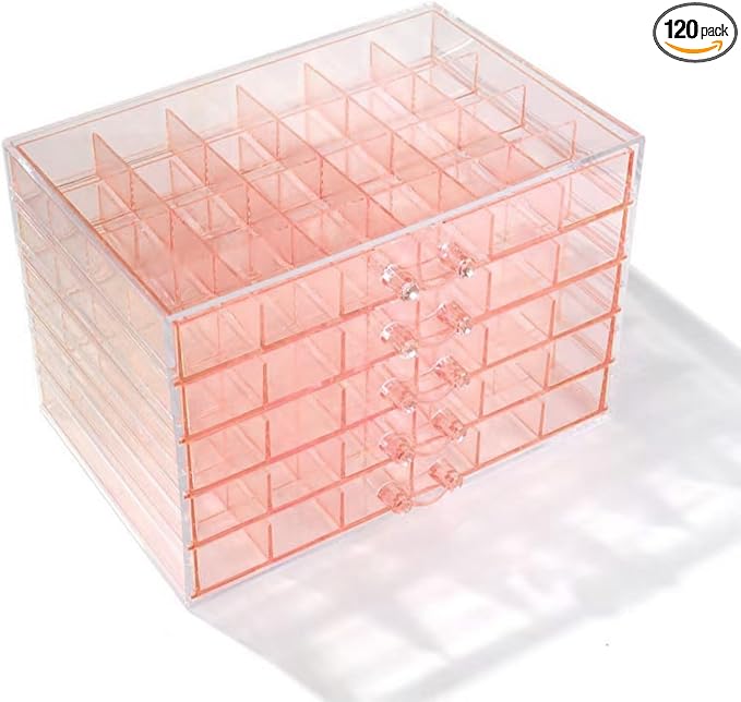 Feadily Acrylic Jewelry Organizer Box, Jewelry Drawer Organizer With 5 Drawers 120 Grids, Pink