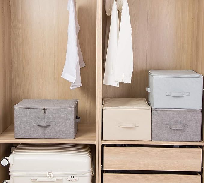 3-Pack Collapsible & Stackable Rigid Storage Organizer Bins for Clothes | 17.6×13.6×9.7",cabinets, shelves, attics, atop closets organizer,fold easily,Durable & Breathable Material,strength longevity