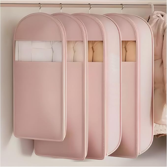 Hanging Garment Bag with Self Compression Zipper, Translucent Suit Bags Dust Cover Clothes Bags for down Coat, Jackets, Shirts and Sweater (Light Peach Pink, Medium)