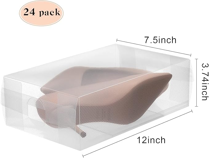 Sawysine 24 Pcs Shoe Box Clear Plastic Stackable Shoe Storage Organizer Foldable Heavy Duty Containers for Closet Apartments Small Spaces Dorm Bedroom (12 x 7.5 x 3.7 Inches)