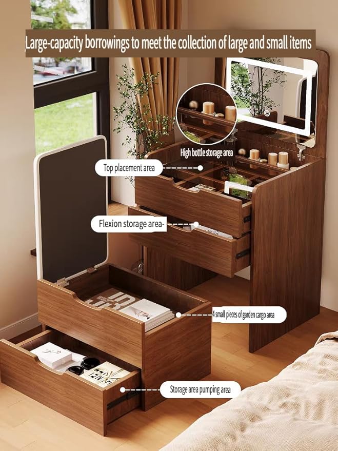 3 in 1 Vanity Desk with Mirror and Lights,Small Make Up Vanity Set with Visible Glass Desktop,Compact Makeup Vanity with 3 Drawers & Stool, Dressing Table for Bedroom (Walnut, 23.6" L)