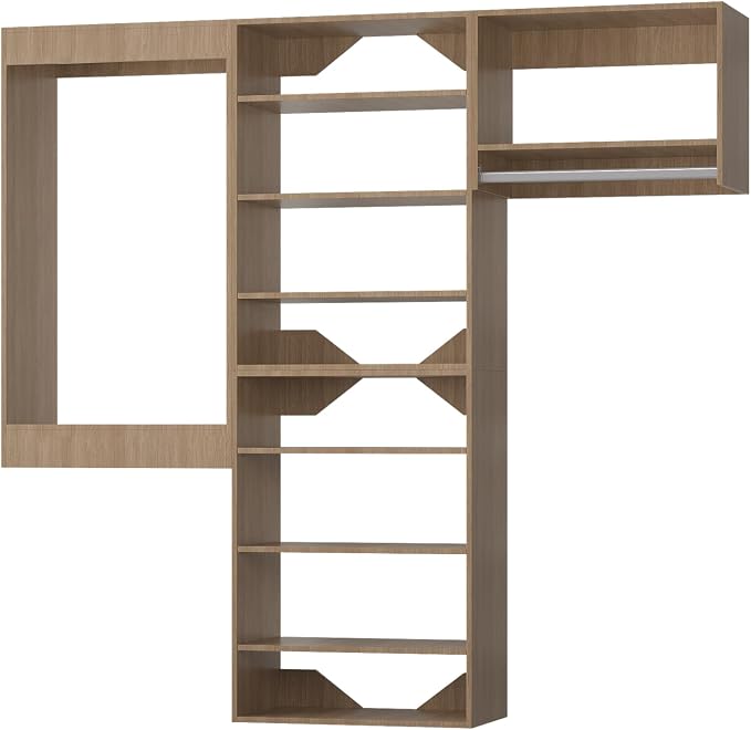 ROOMTEC Modular Closet System, 84" Wall-Mounted Closet Organizer with Hanging Rods, Modern Wooden Tower for Walk-In Closets, Wardrobe Storage Kit, Wood