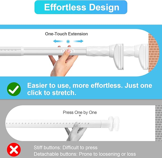 Closet Rods For Hanging Clothes,41-126 In(3-10ft) Extra Long Tension Rod For Closet,Adjustable Rod Without Drilling 33lb Heavy Duty Closet Rods Diameter 1.26in-One-Bond Stretching,White