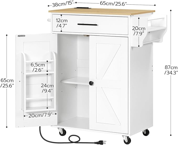 HOOBRO Kitchen Island with Power Outlet, Rolling Kitchen Island with Large Worktop, Kitchen Island Cart with Spice Rack and Drawer, Island Table for Dining Room, White and Natural WN88UZD01