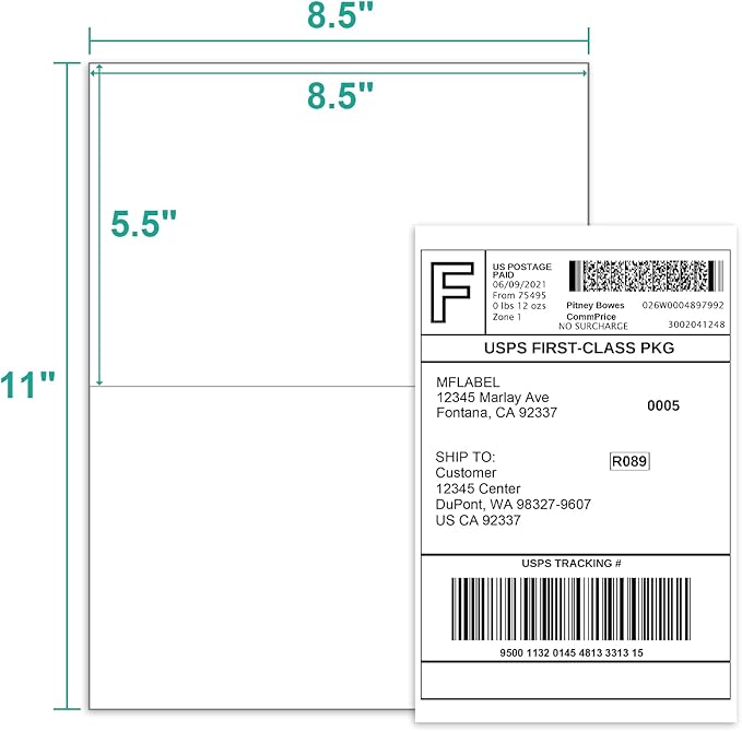 MFLABEL Half Sheet Shipping Labels - 100 Self Adhesive Sticker Sheets for Laser & Inkjet Printers, Waterproof & Smudge-Free, with 12 Free Fragile Labels for Packaging, Shipping and Crafting