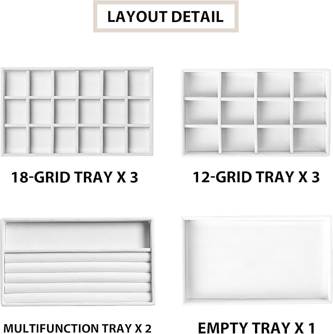 Frebeauty Jewelry Trays for Drawer,Set of 9 Jewelry Organizer and Storage | Velvet Material,Earring Holder Organizer,Stackable Jewelry Display for Vanity,Drawer Inserts for Rings,Studs,8.3×4.9 inch