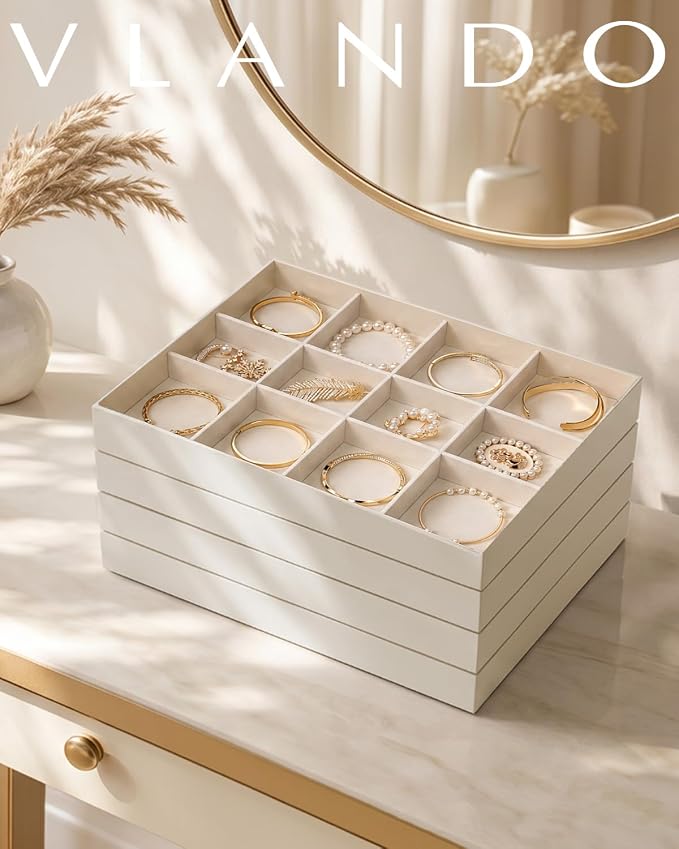 VLANDO Stackable Jewelry Tray, Drawer Organizer for Bracelets, Beige | Wide Sections, Soft Velvet Lining, Raised Edge, Fits Bangles, Watches, Daily Pieces, Gift for Women Girl