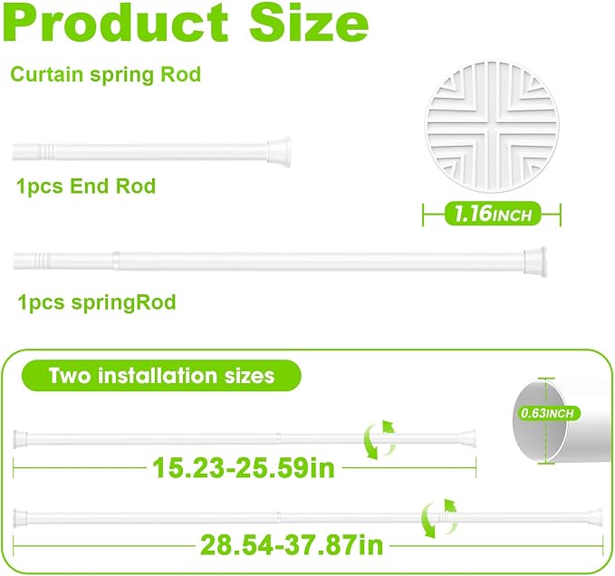 2Pack Tension Rods for Windows Small Tension Rod 16-38 inch Tension Curtain Rod Adjustable Curtain Rod No Drilling Spring Rod Curtain Rods For Doorway,Closet,Kitchen